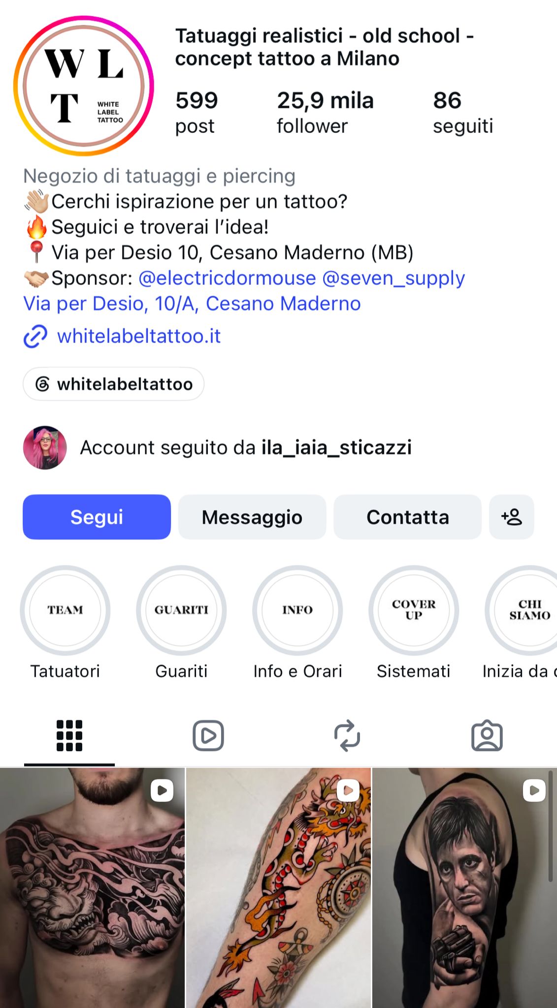 Screenshot profilo social Whitelabel Tattoo realizzato da Growganic