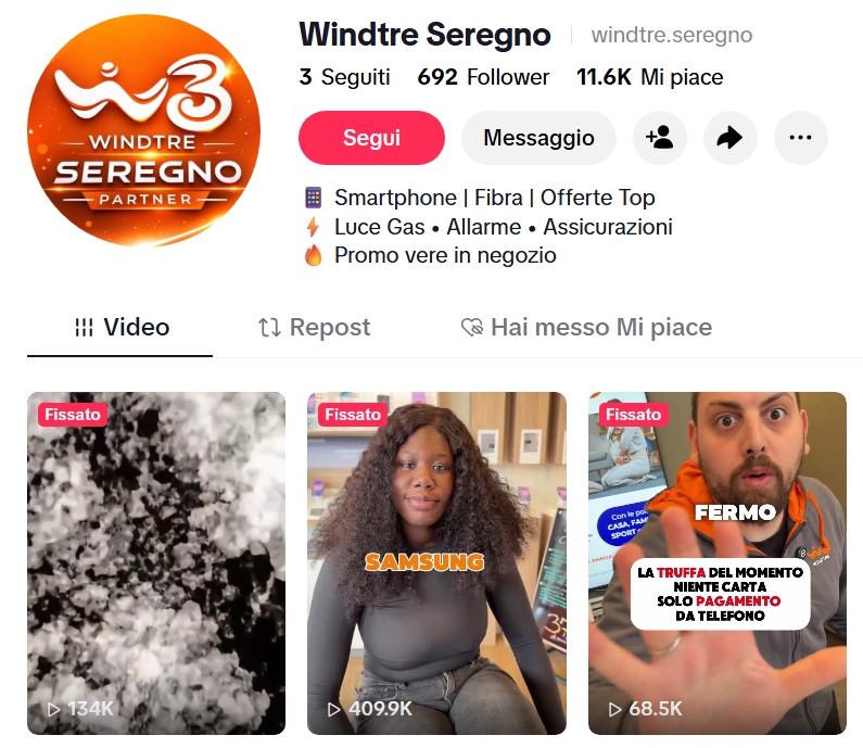 Screenshot profilo TikTok Wind Tre Sarego realizzato da Growganic