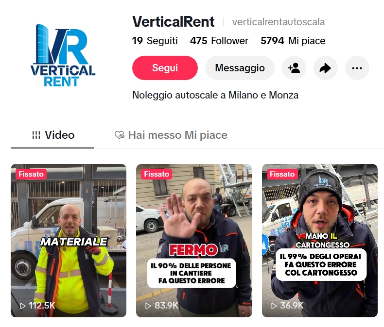 Screenshot profilo social Vertical Rent realizzato da Growganic